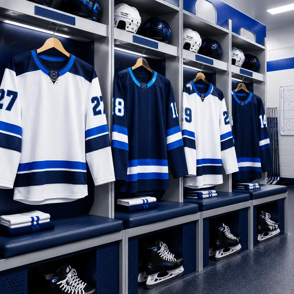 Finished custom hockey jerseys in a team locker room
