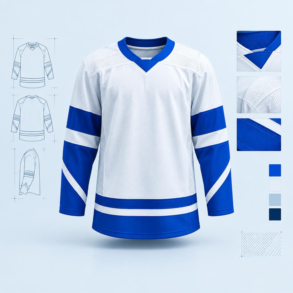 Blue and white custom hockey jersey design board