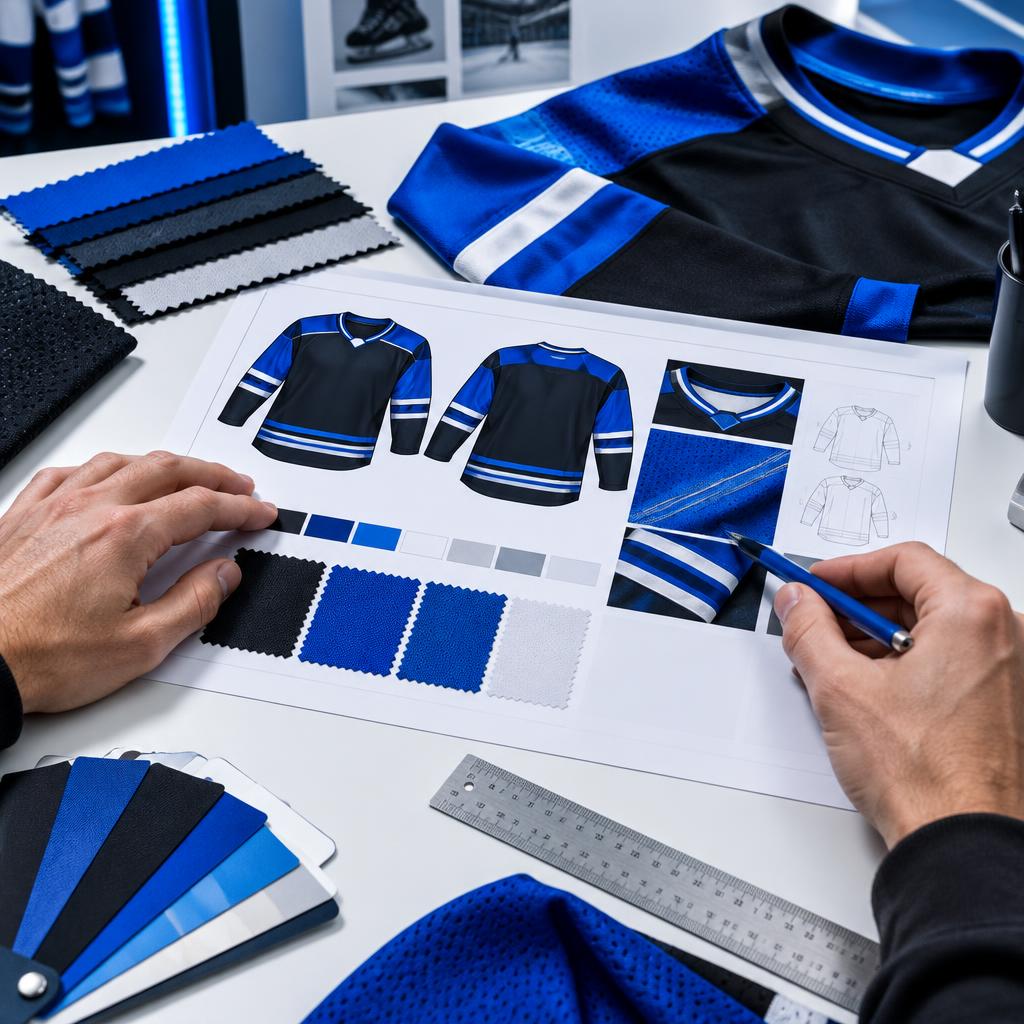 Designer reviewing hockey jersey materials and specifications